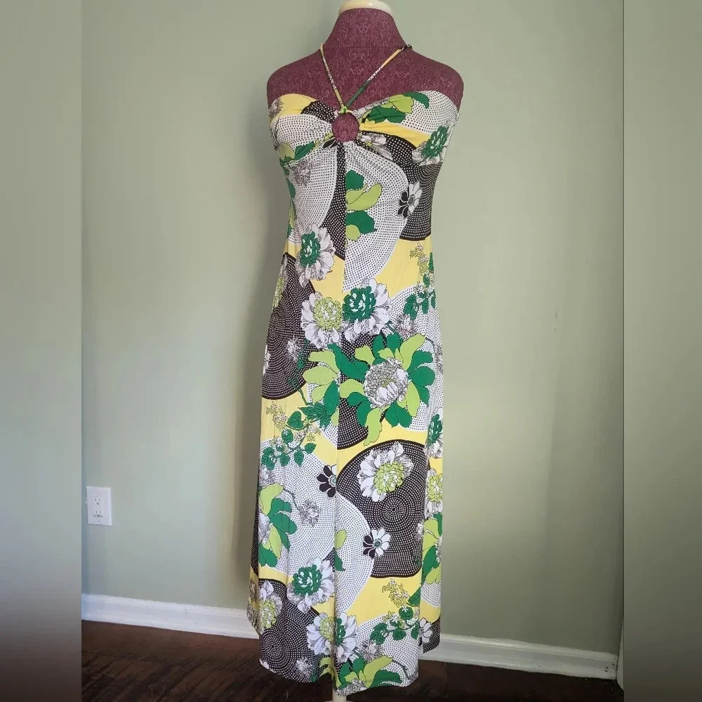 Sele Flowy‎ Sleeveless Halter Tie Neck Green and White Halter Dress, US M